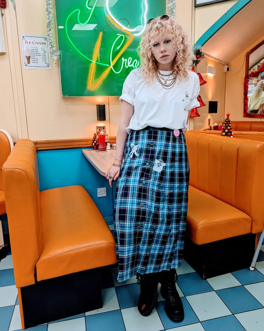 Tartan Baby Blue & Navy Printed Midi Skirt Size M