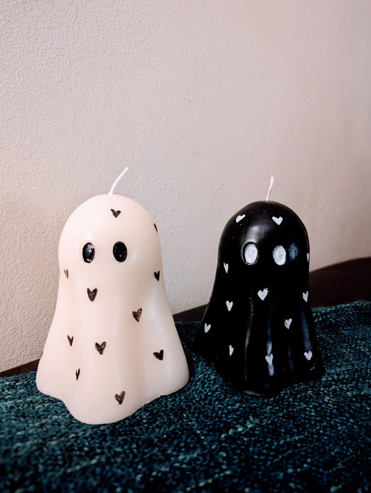 Hand Painted White & Black Ghost Heart Candle