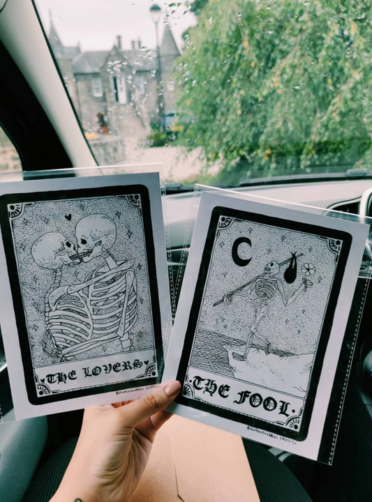 A5 Set of 2 Tarot Card Prints 'The Lovers' & 'The Fool'